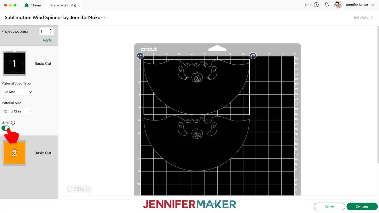 On the Prepare screen, toggle Mirror to the on position for both mats.