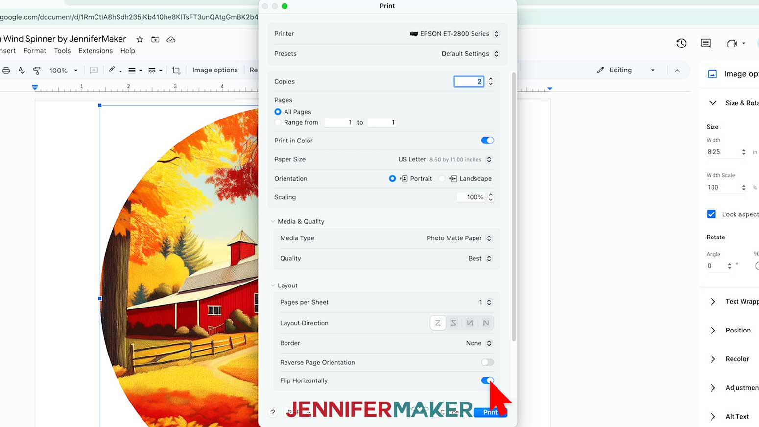 Select the flip horizontally option to print a mirror image of the design.