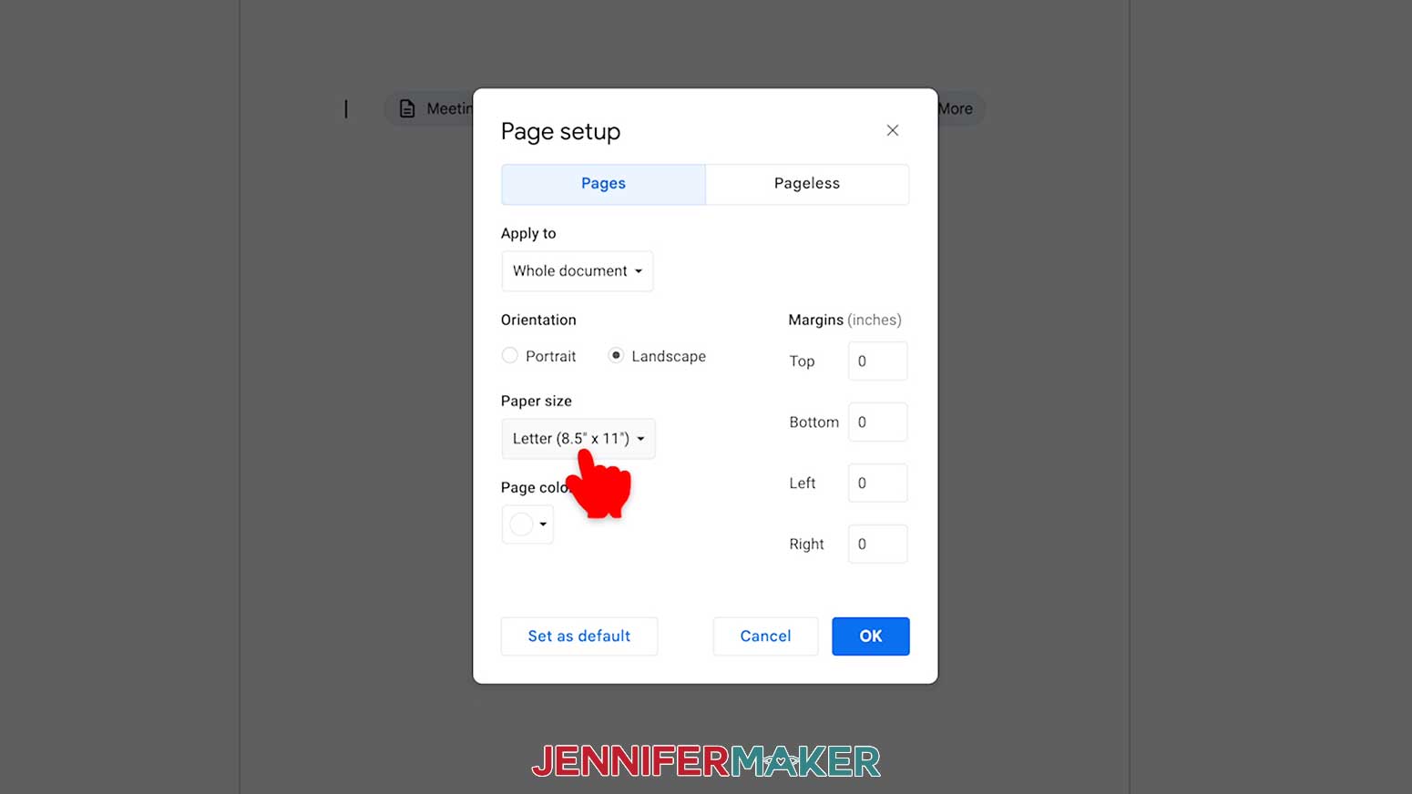 Open the page setup window to make sure the settings are for a letter size page.
