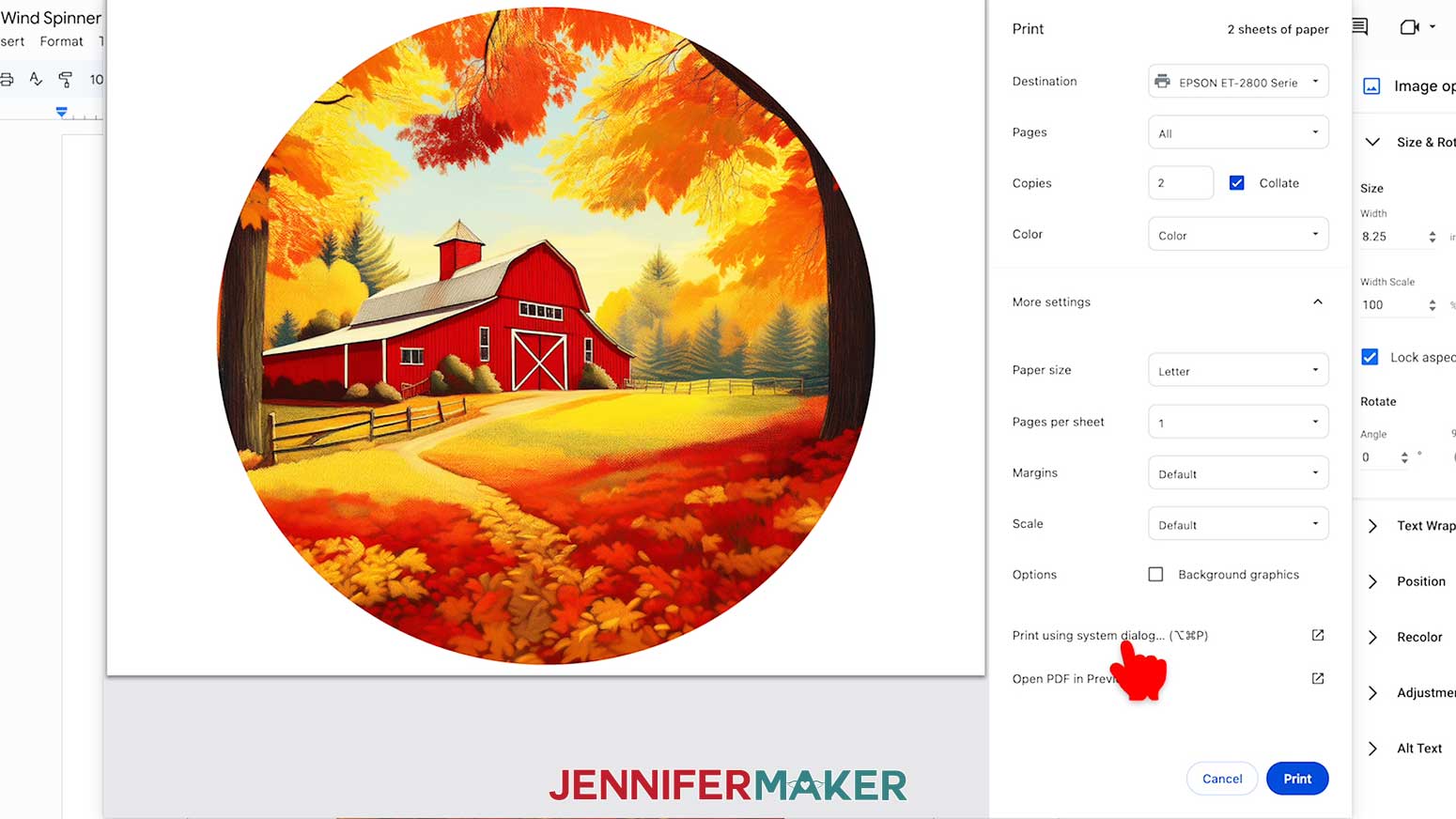 Use the system dialogue setting to print your sublimation wind spinner design.