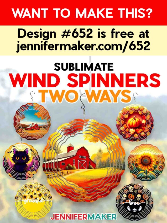 Learn to make a wind spinner with an autumn theme! Want to make this? Design #652 is free at jennifermaker.com/652. A large wind spinner with the image of a farmhouse during autumn is surrounded by six smaller wind spinners featuring autumn themes.
