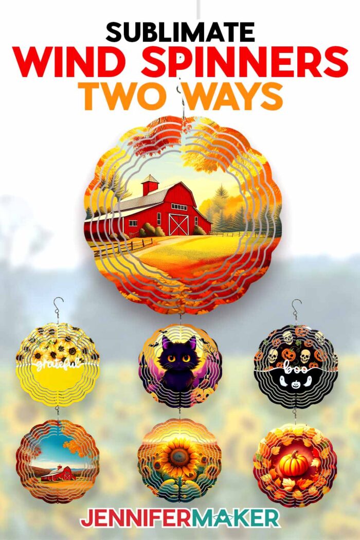 Learn how to make wind spinners two ways with JenniferMaker's step-by-step tutorial! A large wind spinner with the image of a farmhouse during autumn is displayed above six smaller wind spinners featuring autumn themes.