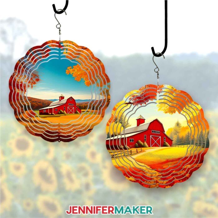 Learn to make a wind spinner with this JenniferMaker tutorial! Two sublimated wind spinners featuring a beautiful farmhouse in autumn hang side by side.