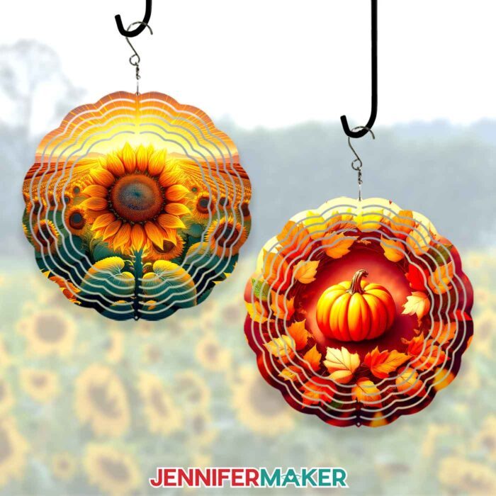 Learn how to sublimate a wind spinner with Jennifer Maker's tutorial! A wind spinner sublimated with a sunflower design hangs beside a wind spinner sublimated with a pumpkin and falling leaves design.
