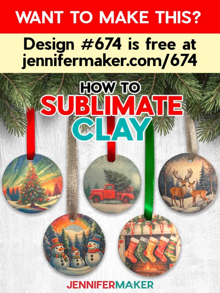 Want to learn how to Sublimate Clay? Design #674 is free at jennifermaker.com/674. A collection of polymer clay ornaments decorated with vintage-toned Christmas sublimation designs hang from a pine bough 