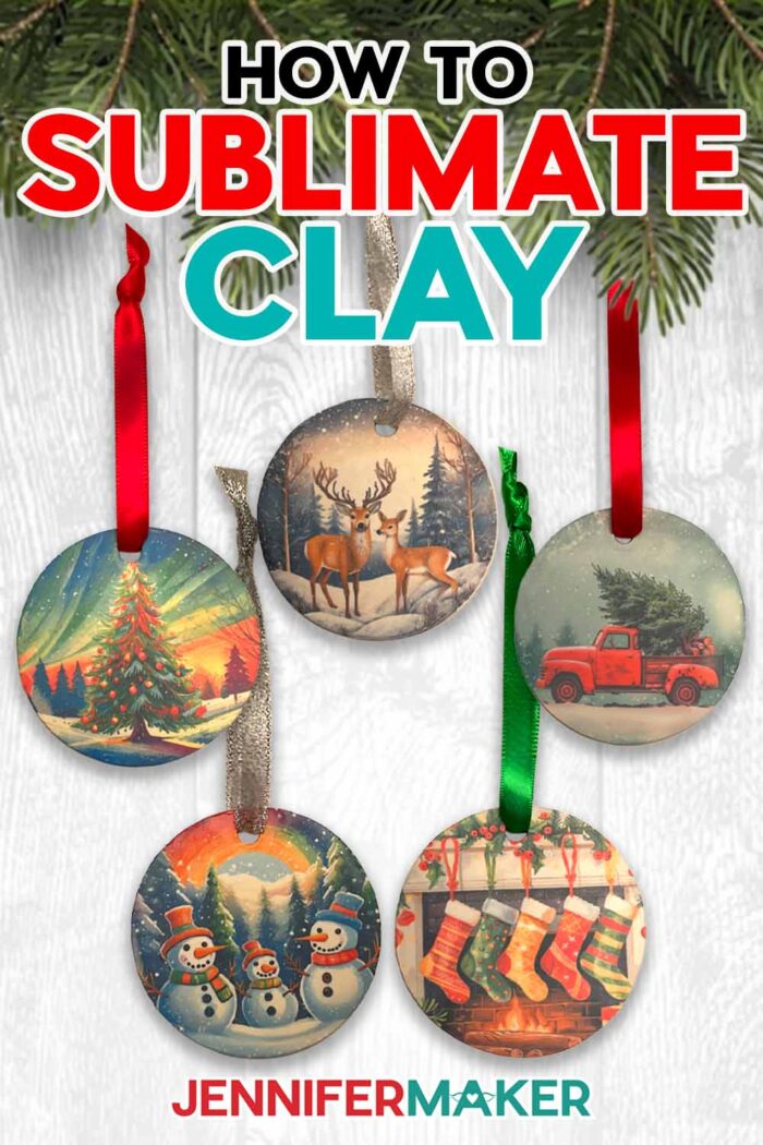 Learn how to Sublimate Clay and make Christmas ornaments with free PNG downloads! Several sublimation ornaments with holiday images hang from a pine branch, with images of a red vintage truck, a Christmas tree, and more