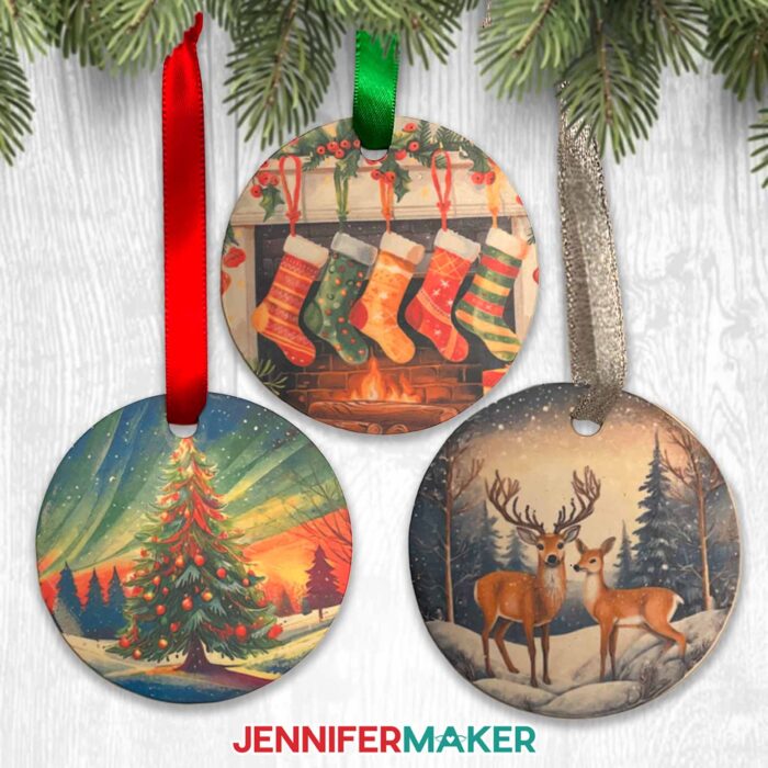 Learn to Sublimate Clay! Three sublimated clay holiday ornaments are displayed, one with stockings, one with a Christmas tree, and one with reindeer in the snow