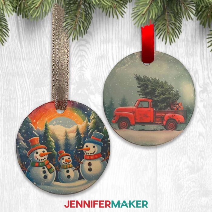 Can you Sublimate Clay? Two sublimated polymer clay Christmas ornaments, one with a snowmen scene and one with a red vintage truck