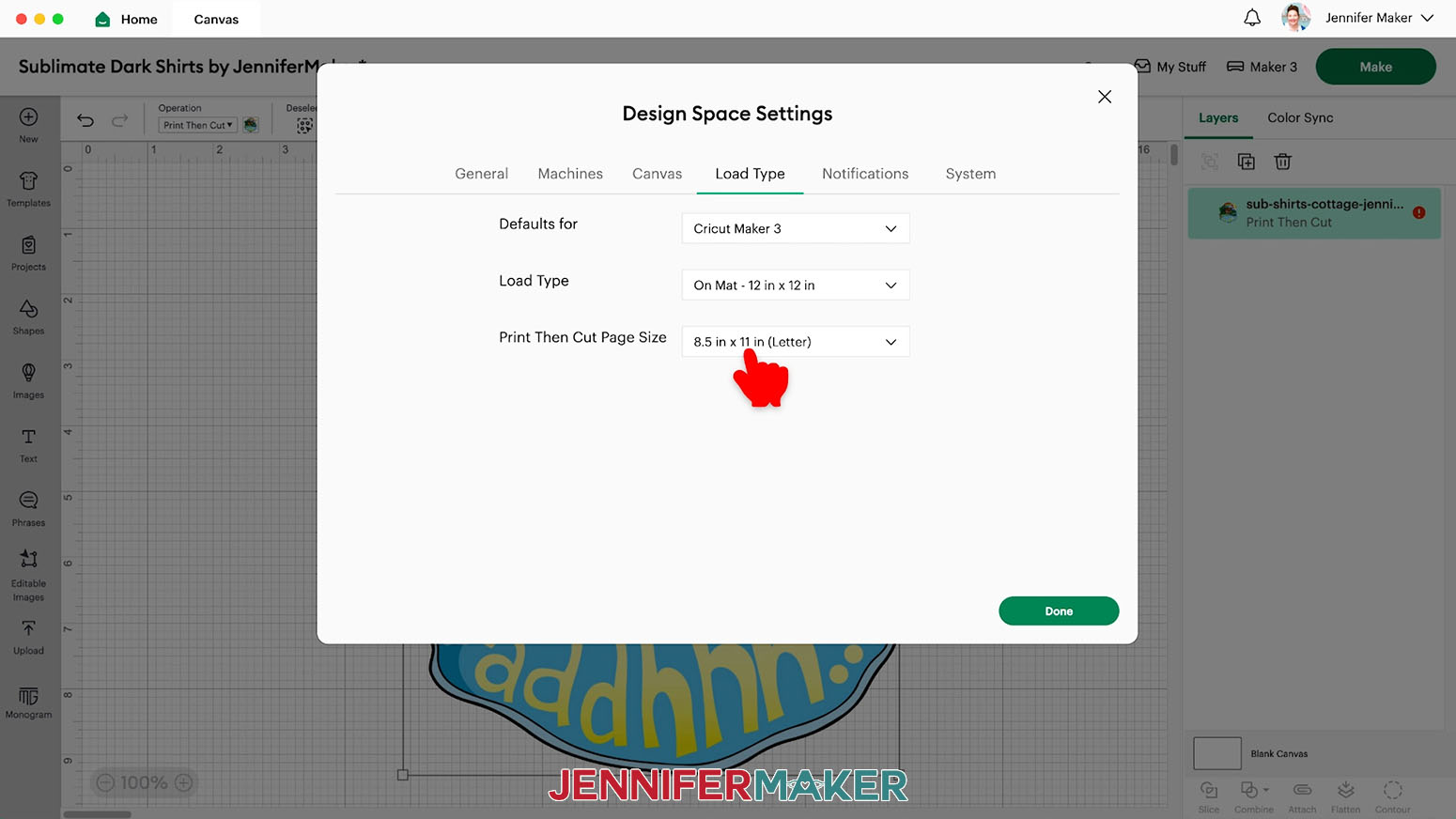 If there is a red icon in the Layers Panel, click it and make sure the paper size mentioned matches your material. If not, click “Change Page Size” and adjust it. I’m using 8.5” x 11” paper.