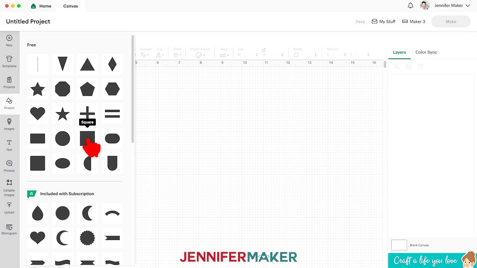 To the left of the canvas, click Shapes and select the Square shape.