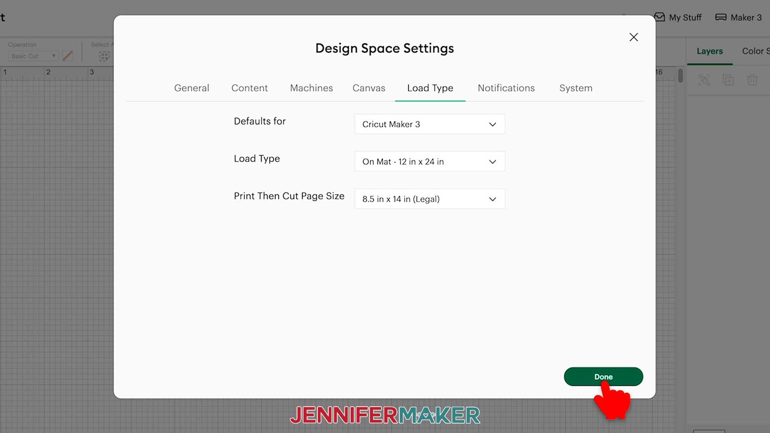 Click the dropdown arrow for load type to be 12 x 24 inches and for the Print then Cut page size to be 8.5 x 14 inches.