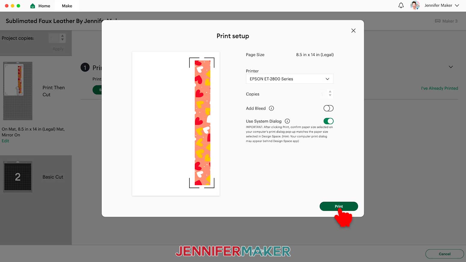 On Print Setup screen in Design Space, make sure Add Bleed is toggled off and Use System Dialog is toggeled on and click Print.