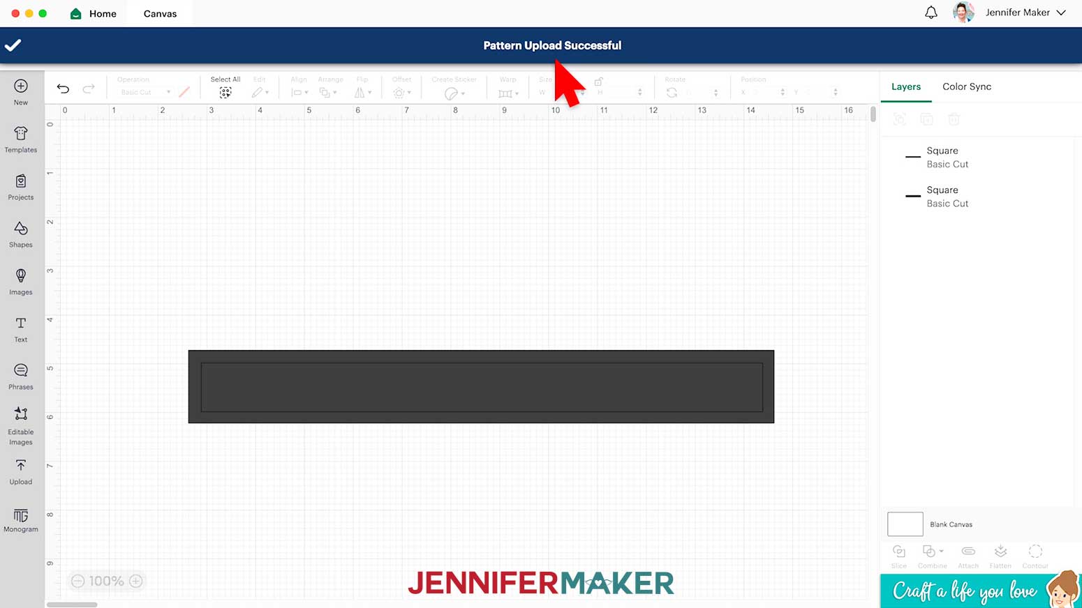 The top of the canvas will display a message for a successful pattern upload.