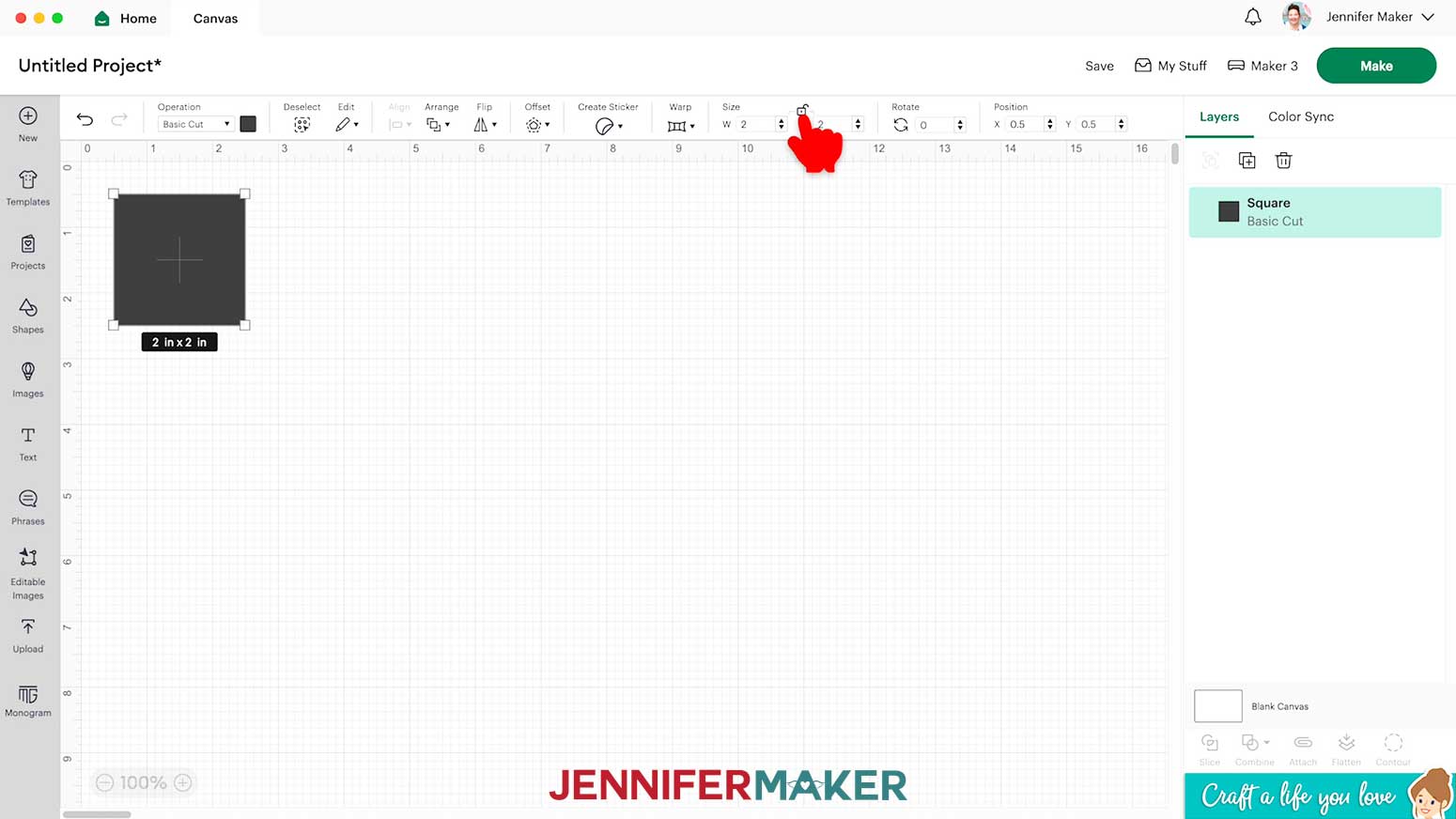 Click the unlock icon at the top of the canvas to edit the ratio sizing of the square.