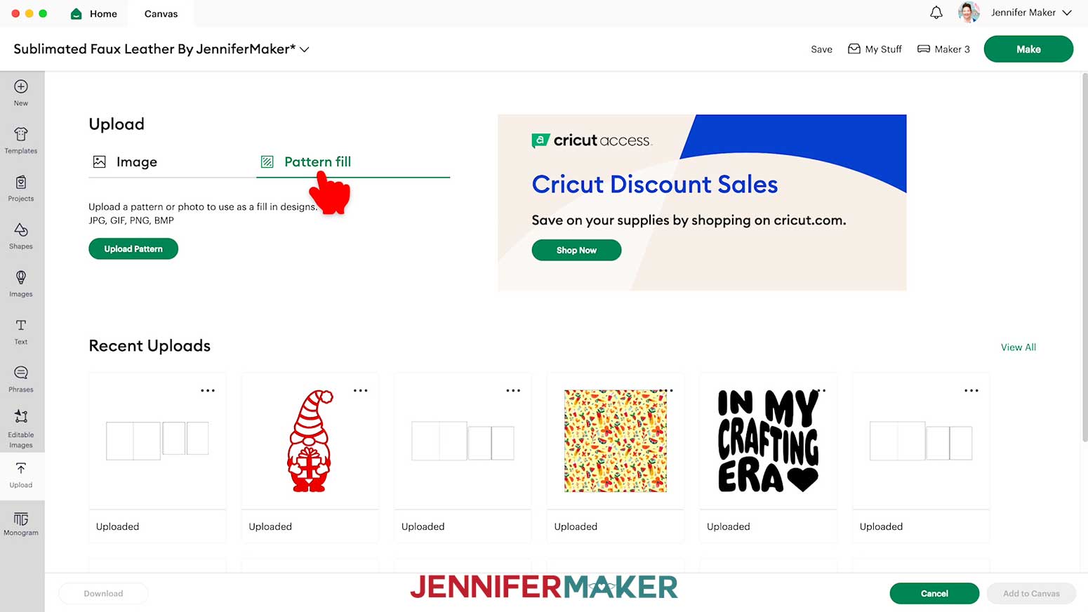 Click on the Upload icon and select the Pattern Fill option.