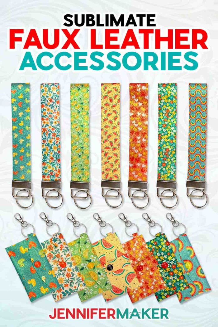 Learn how to Sublimate Faux Leather Accessories with JenniferMaker's tutorial! A collection of glittery sublimated wristlets with different cute patterns.