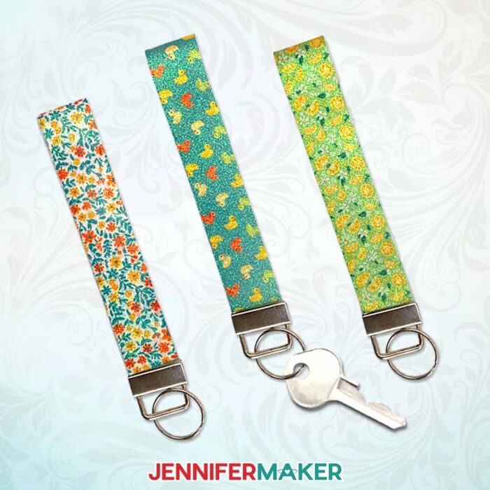 Learn how to Sublimate Faux Leather Accessories with JenniferMaker's tutorial! A collection of glittery sublimated wristlets with different cute patterns.