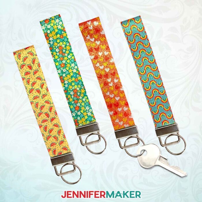 Learn how to Sublimate Faux Leather Accessories with JenniferMaker's tutorial! A collection of glittery sublimated wristlets with different cute patterns.