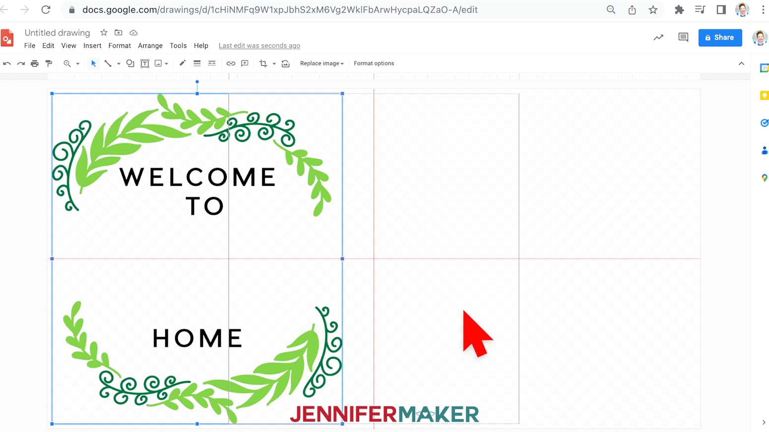 centering image on google drawings canvas red lines showing