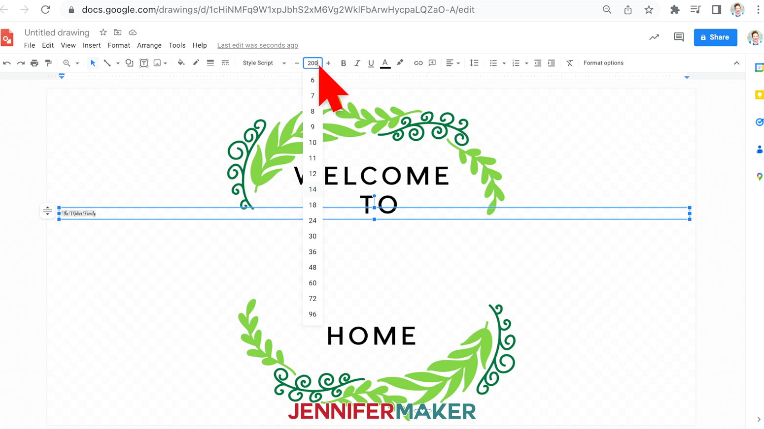 changing text to 200 pt in google drawings