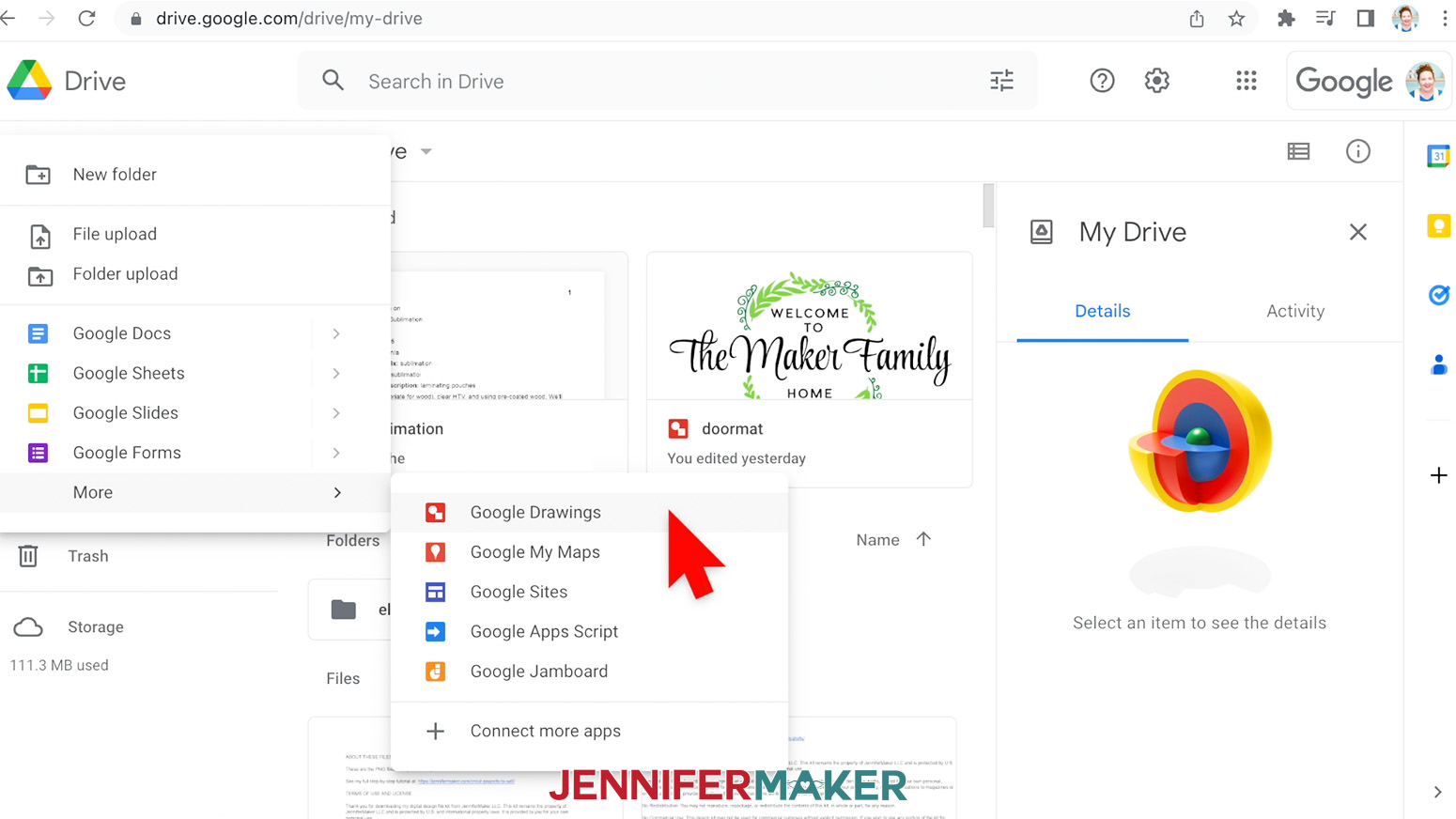 selecting google drawings in google drive