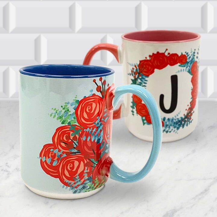 Rose Gold Letter J Monogram Mug, White Marble Ceramic Coffee Cup (11 oz)