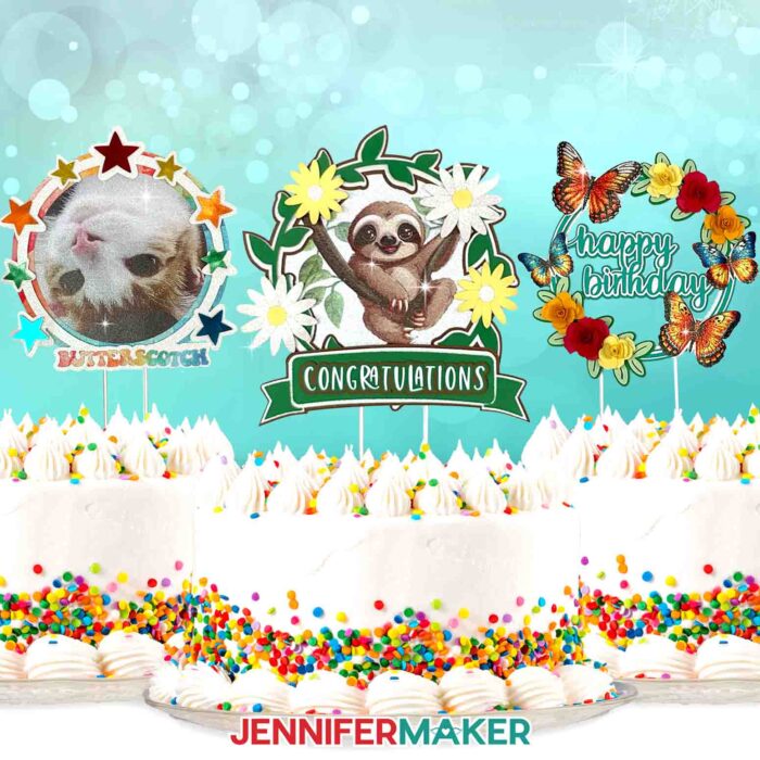 Set of cake toppers featuring a cat, sloth, and butterflies displayed in cakes.