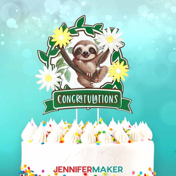 Decorative cake topper with a sloth illustration sublimated on glitter cardstock.