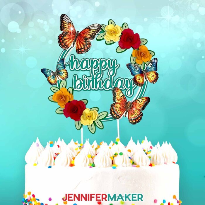 Decorative cake topper with butterflies sublimated on glitter cardstock.