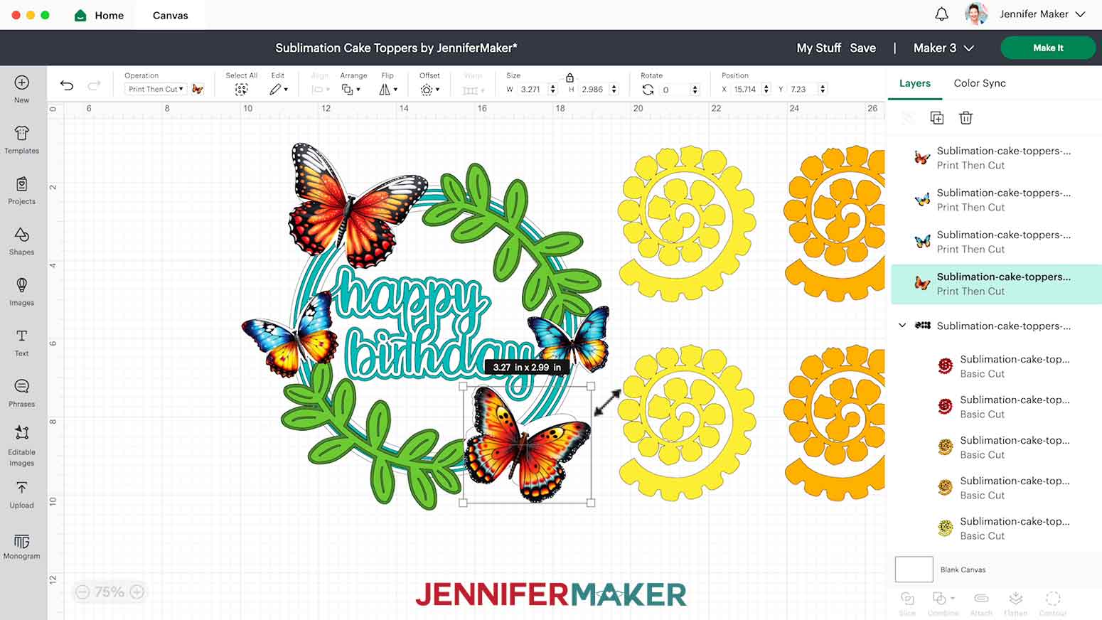 Resized butterfly PNGs on the Design Space canvas with the birthday cake topper SVG.