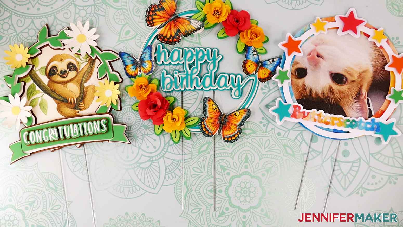 Final display of all three cake toppers with images sublimated on glitter cardstock.