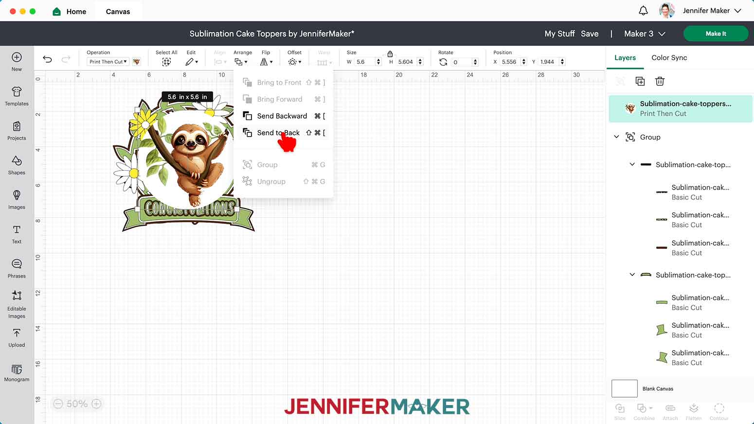 With the sloth layer selected, click Arrange and Send to Back to make it appear behind the cake topper SVG layers.