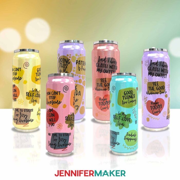 Some of the Best Sublimation Blanks -- light colored sublimation tumblers decorated with colorful, mini quotes