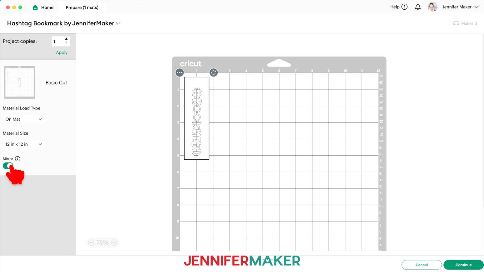 Design Space Prepare screen, “On Mat” and “12 in x 12 in” are selected, and toggle “Mirror” ON