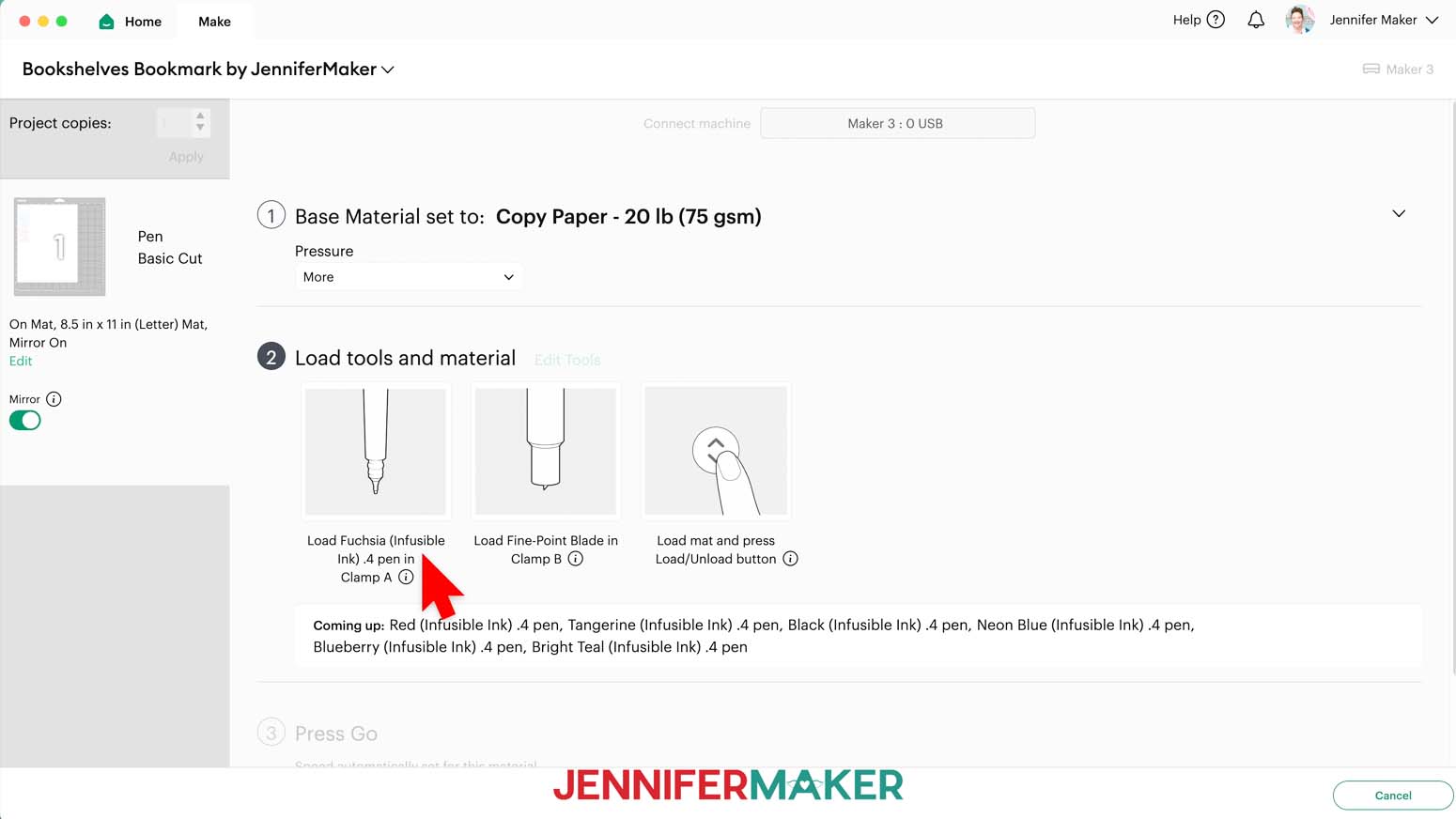 Make screen, choose “Copy Paper - 20 lb (75 gsm)” as the material and choose “More” pressure