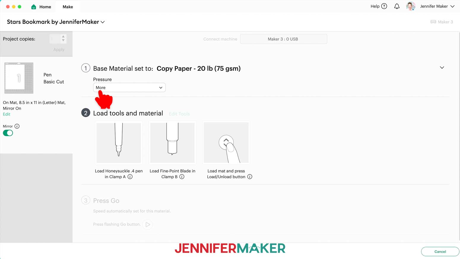 Make screen, choose “Copy Paper - 20 lb (75 gsm)” with More pressure selected