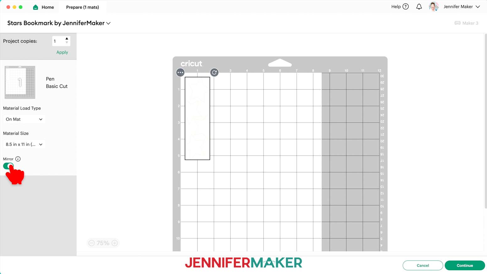 Prepare screen, make sure that “On Mat” is selected and change the Material Size to “8.5 in x 11 in (Letter).” Toggle “Mirror” ON