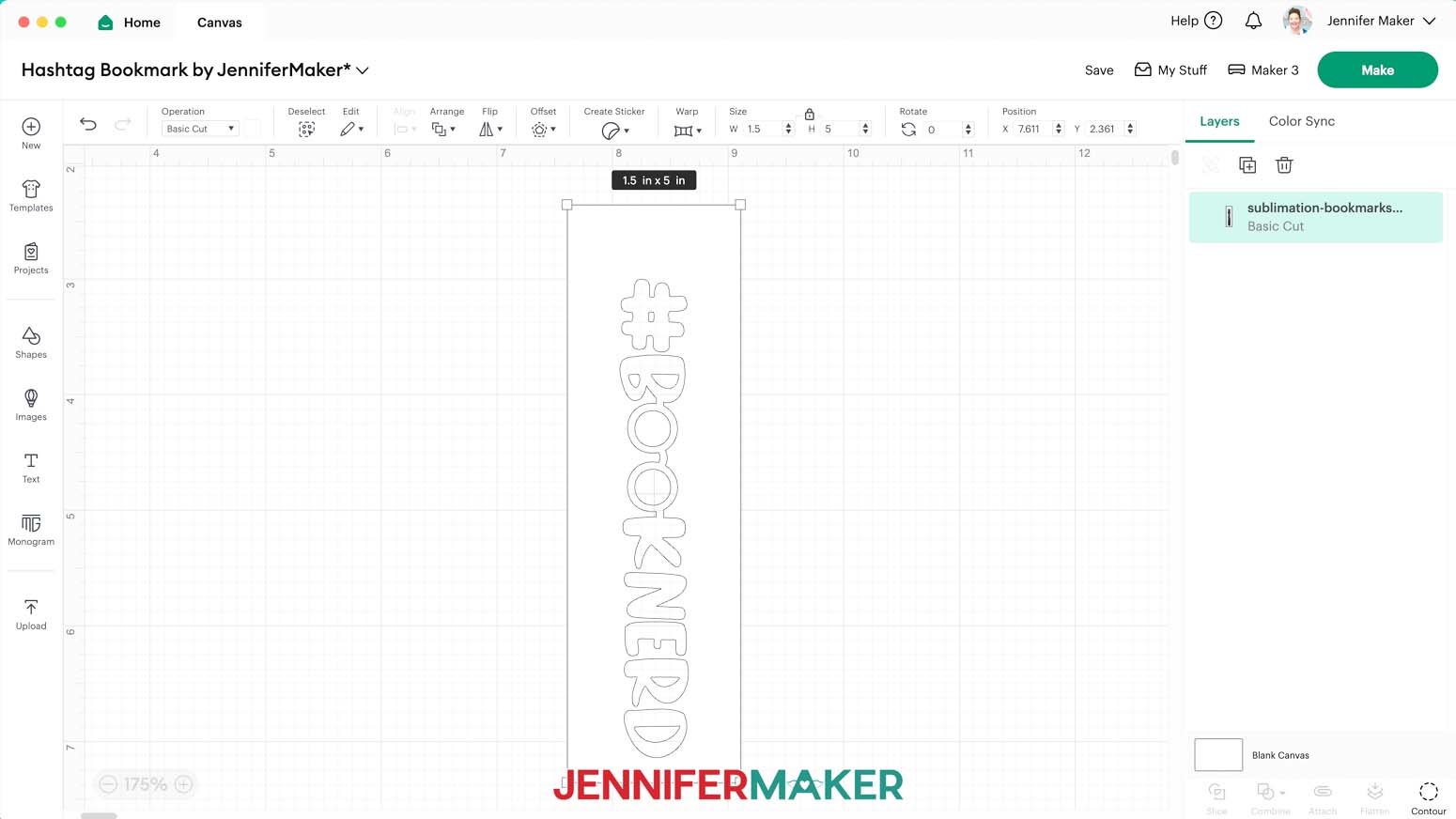 Hashtag booknerd bookmark design on Cricut Design Space. It is 1.5 x 5 inches.