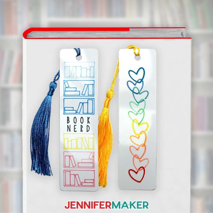 White bookmarks with drawn sublimation "booknerd" and heart designs.