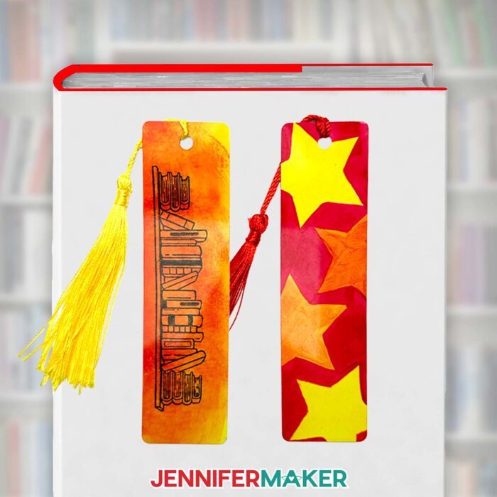 Painted sublimation bookmarks with warm tones and book and star themes.