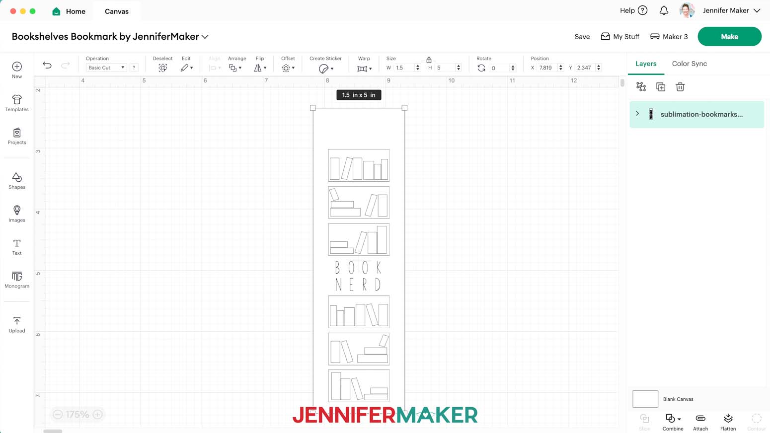 The shelves bookmark design on the Design Space canvas. It is 1.5 x 5 inches.