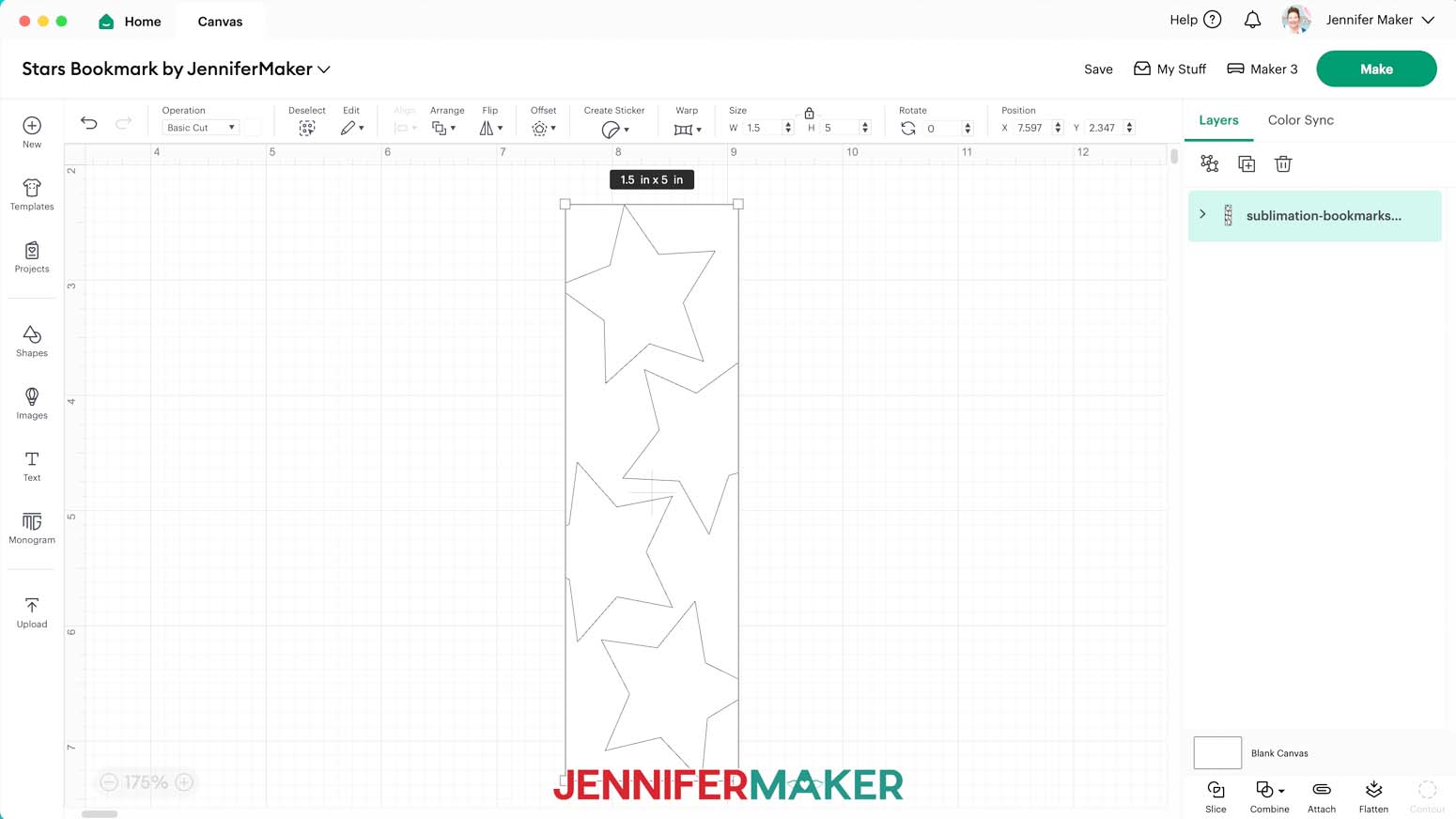 Stars SVG on the Design Space Canvas. It is 1.5 x 5 inches.