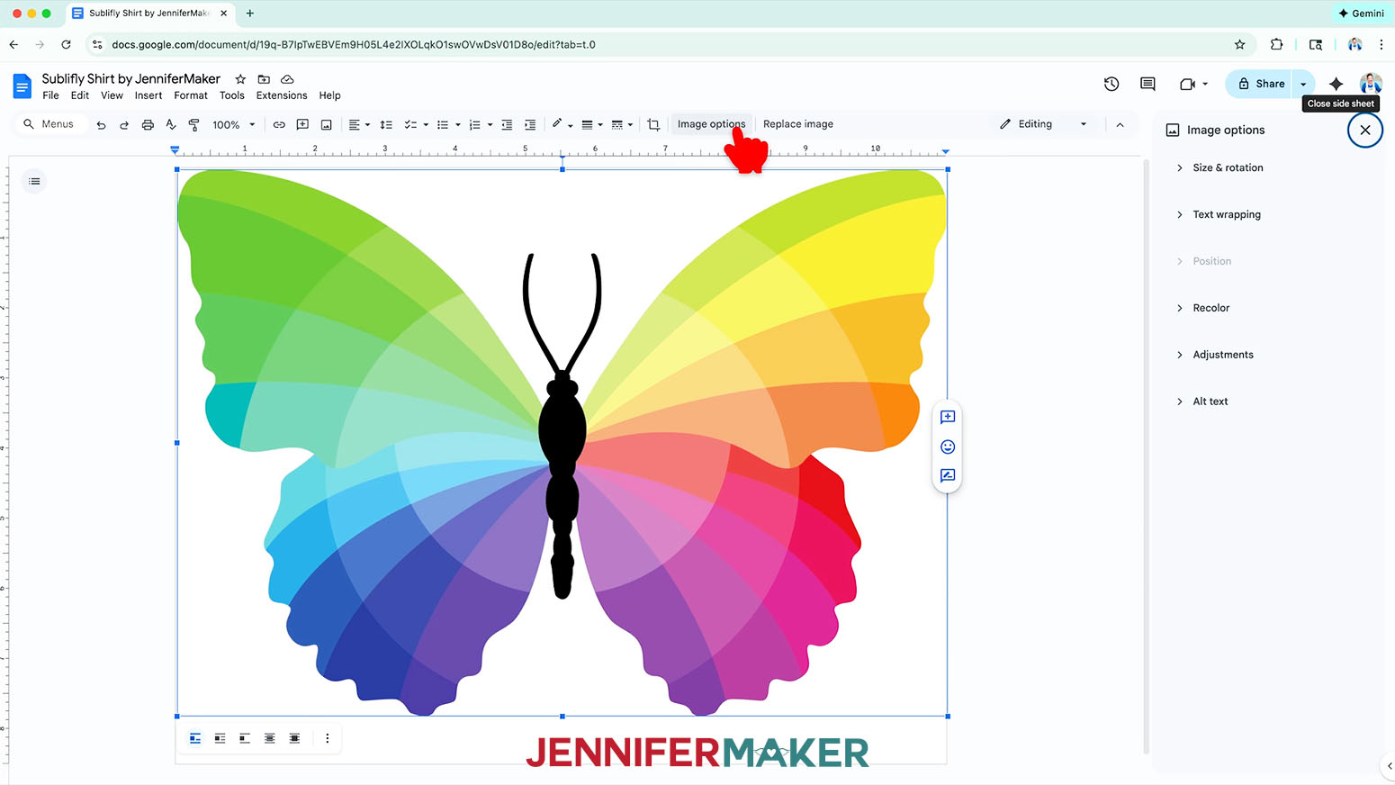 Select Image Options to edit the size of the Sublimation Basics design.