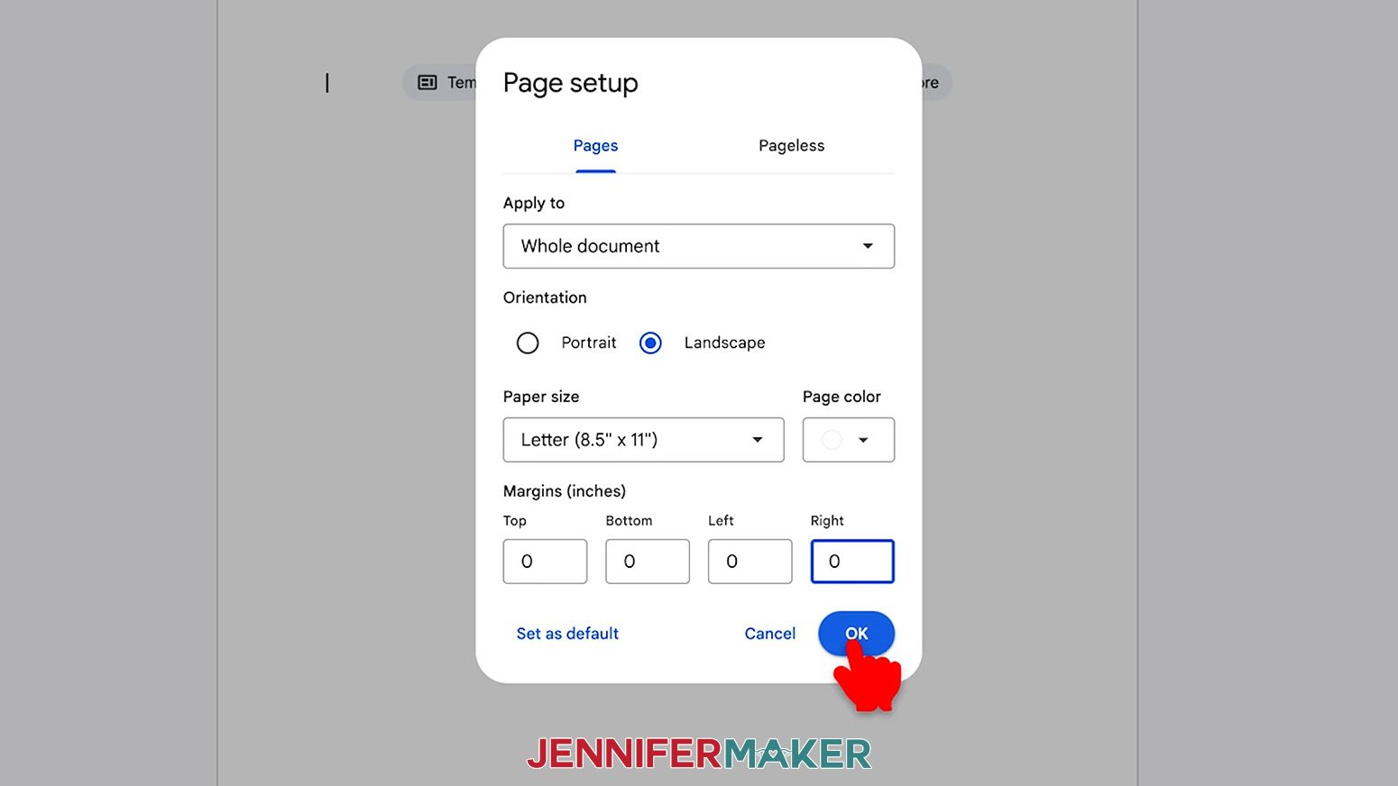 Set the Google Docs page settings to letter size paper and zero margins before importing the Sublimation Basics design.