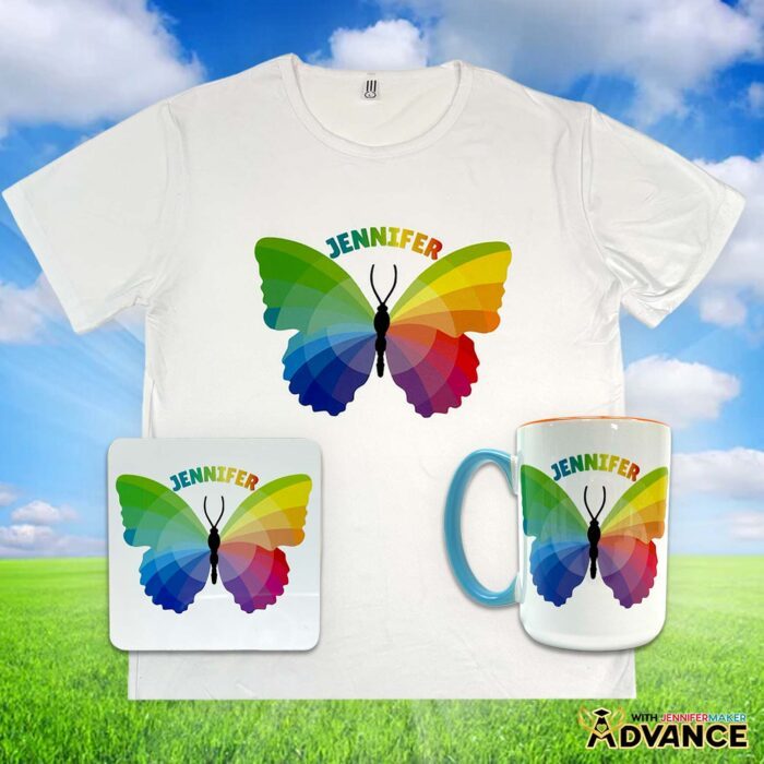 Jennifer's Sublifly color wheel design sublimated onto three blanks (a mug, a t-shirt, and a coaster) with her name above them in a colorful gradient pattern.