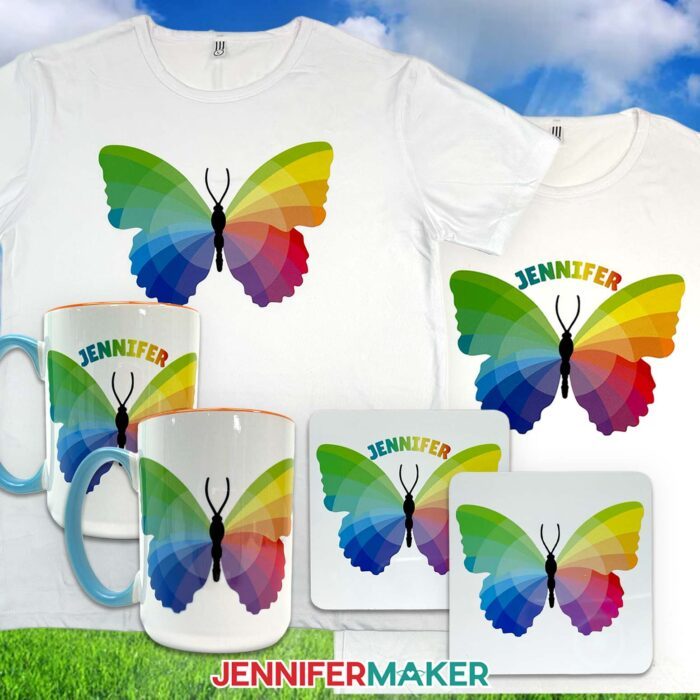 Plain and personalized versions of the Sublifly mug, T-shirt, and coaster featuring the name "Jennifer."