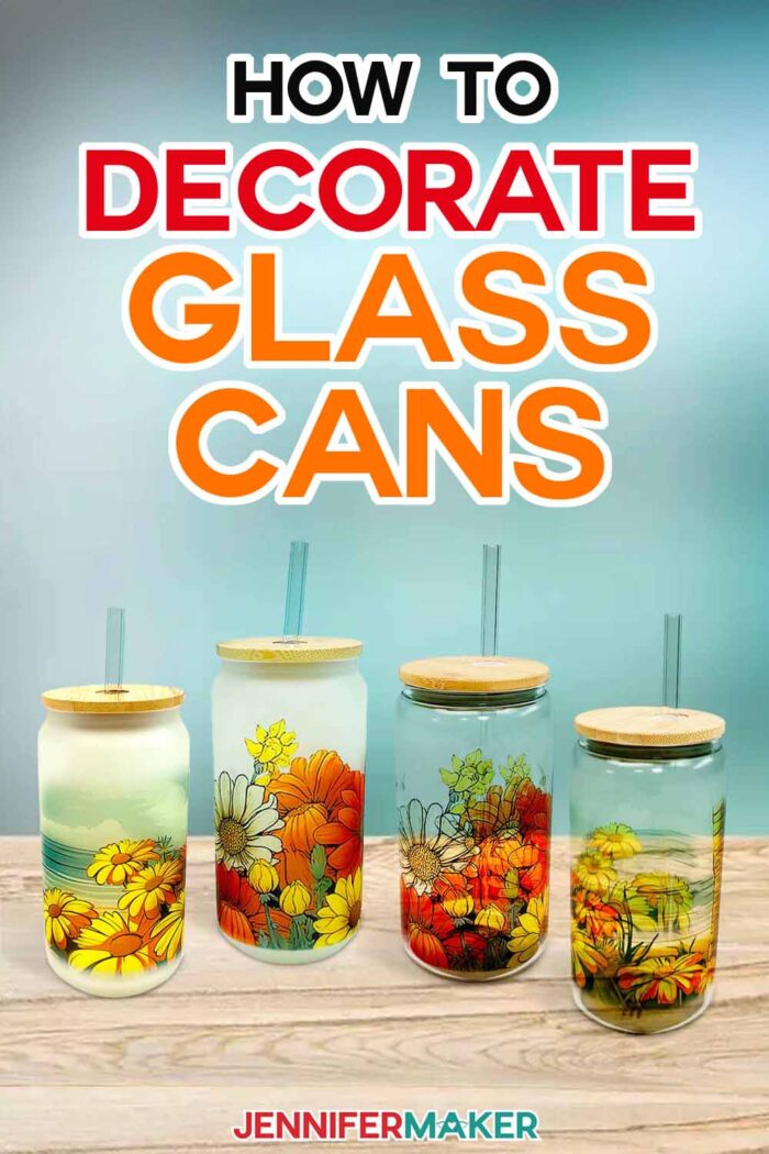Learn how to make a sublimation beer can glass with Jennifer Maker's tutorial! Four beautiful sublimated beer can glasses featuring floral and beach images sit against a blue background.