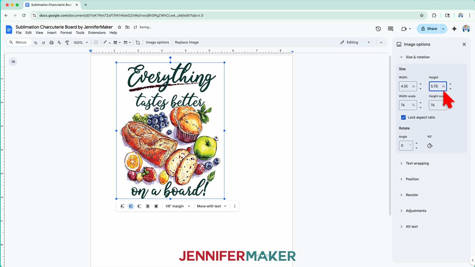 Enter the new dimension for the charcuterie board design into one size box and the second size box will adjust automatically.