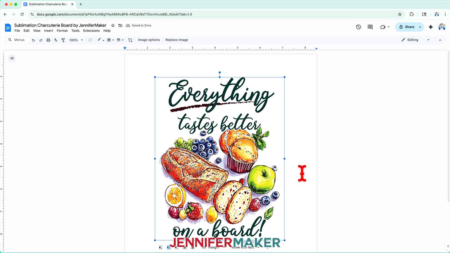Center the charcuterie board sublimation design on the Google Docs page.