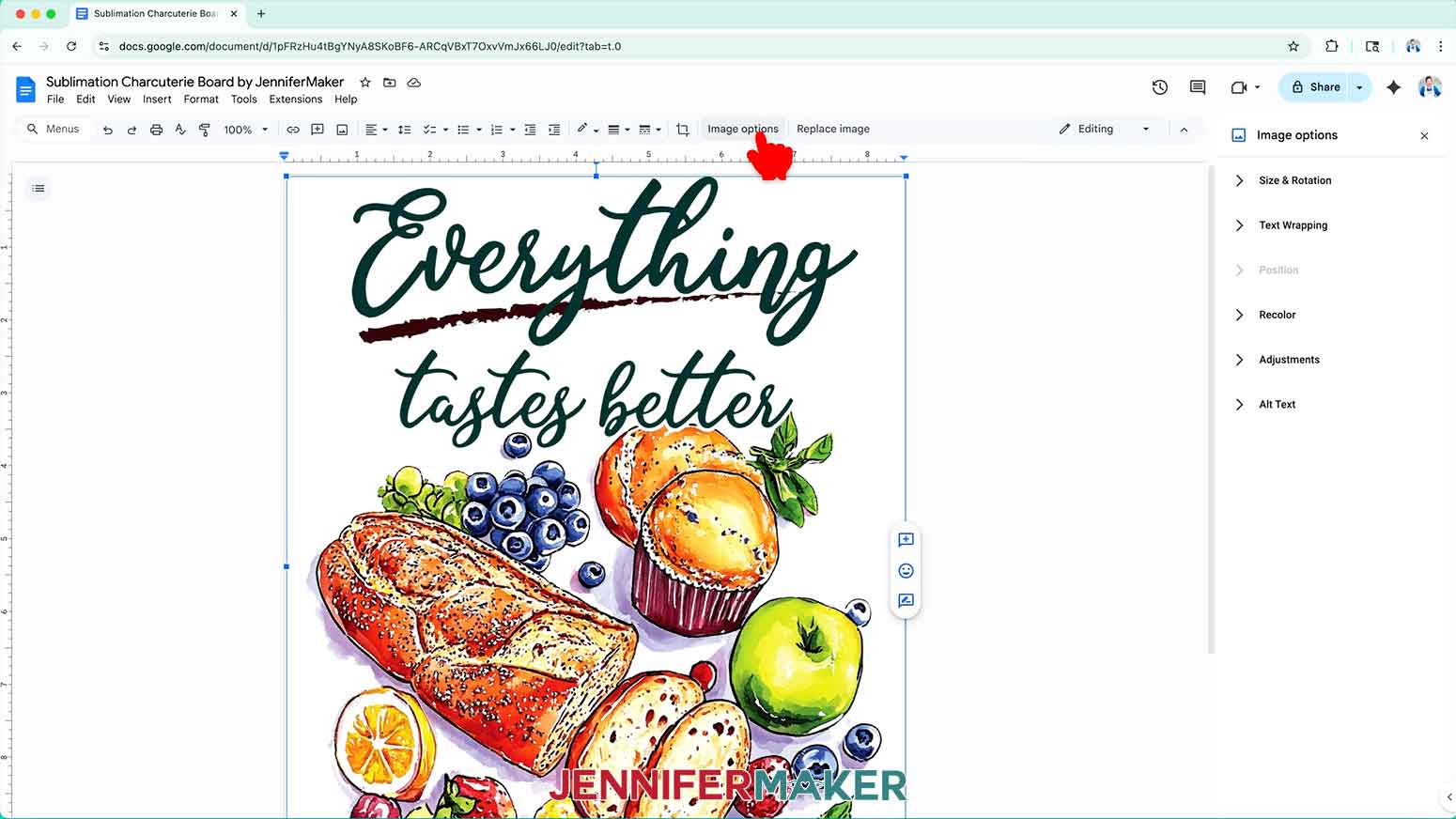 Select Image Options to access the Size and Rotation options for the charcuterie board sublimation design.